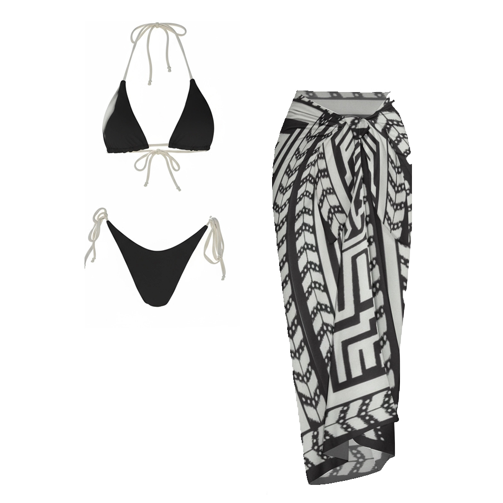 Black Triangle Side Tie Two-Piece Bikini Set with Geometric Sarong Skirt