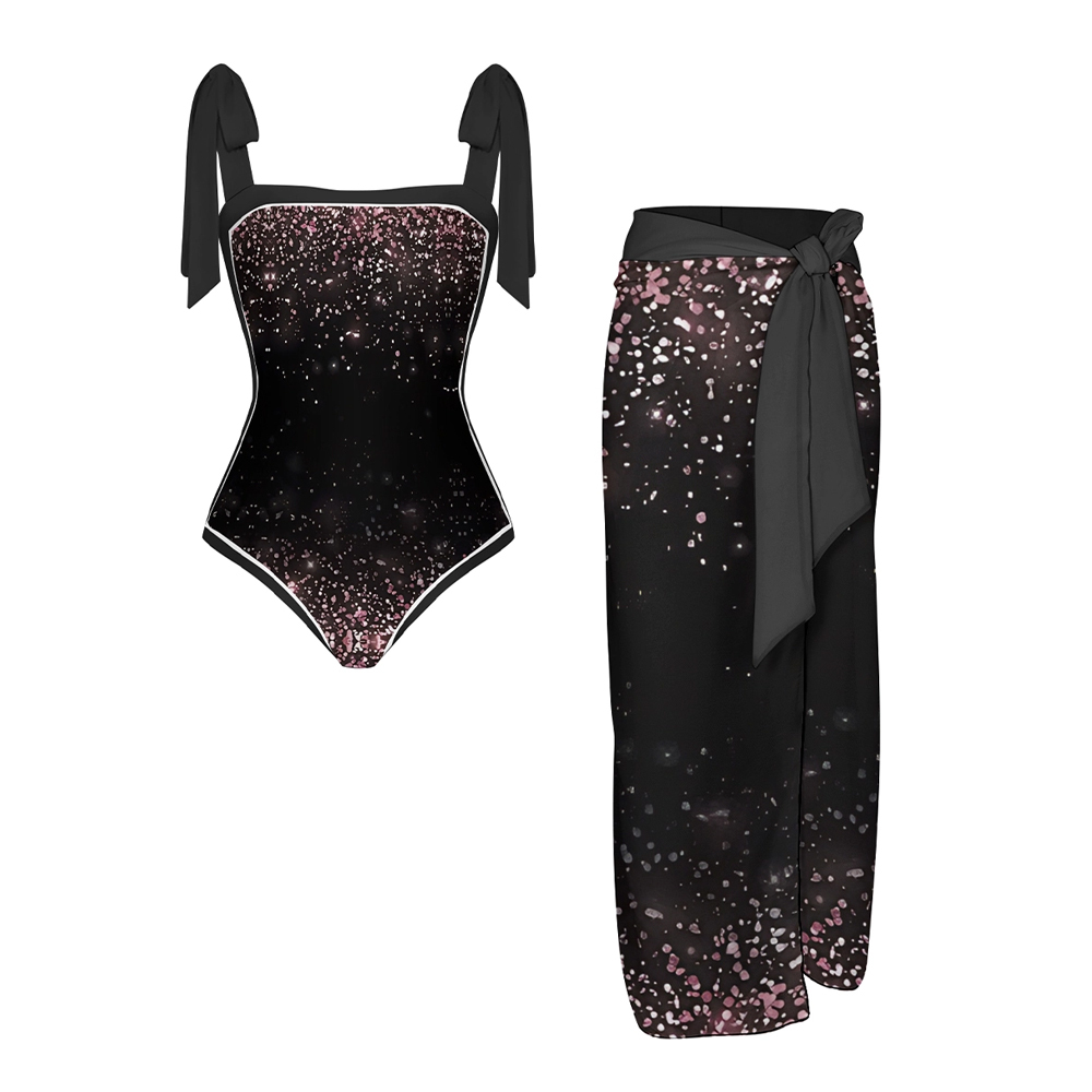 Galaxy Print Shoulder Tie One-Piece Swimsuit with Matching Wrap Skirt