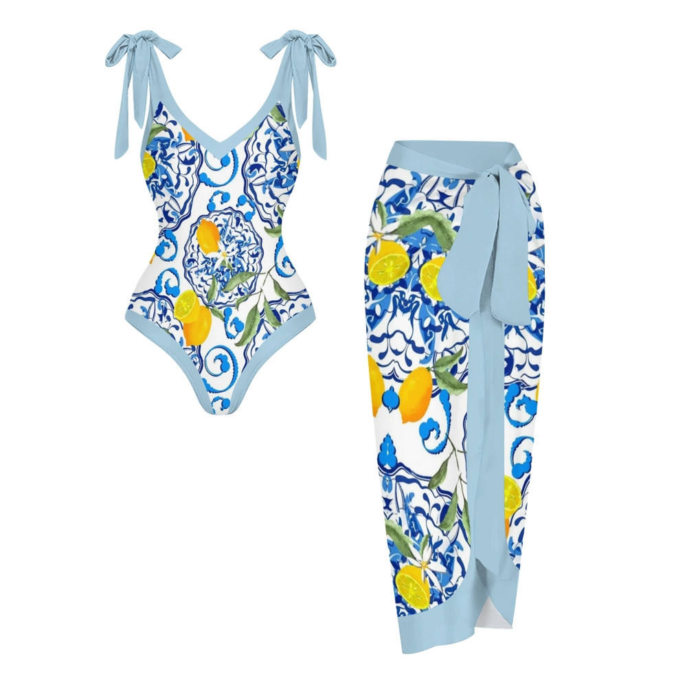 Lemon Print Tile Inspired One-Piece Set