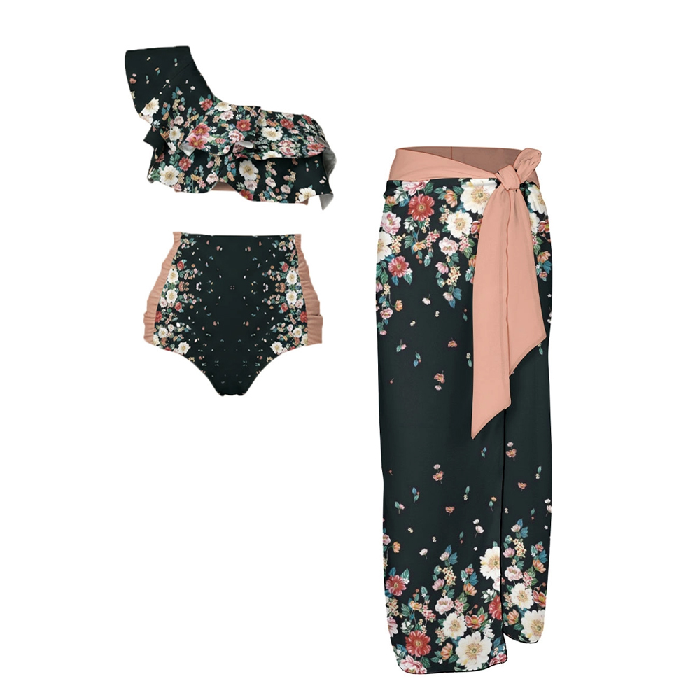 Floral Print One-Shoulder Ruffle High-Waist Bikini with Matching Sarong Skirt