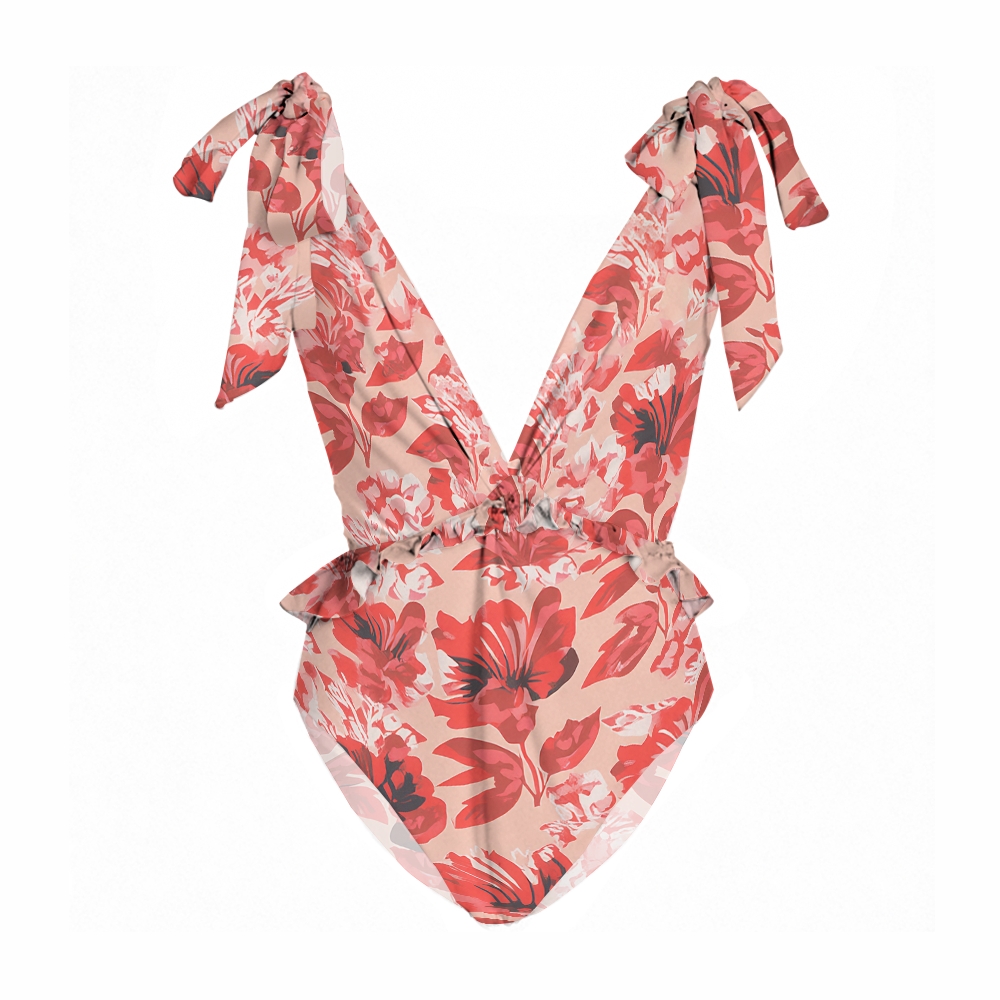 Floral Print Tie Shoulder Straps One Piece Swimsuit and Matching Sarong Skirt