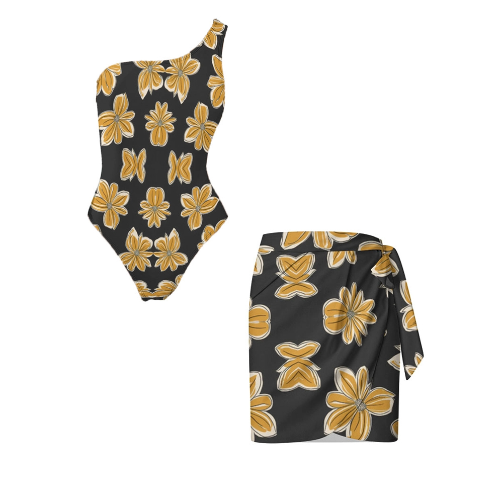Floral Print One-Shoulder One-Piece Swimsuit and Mini Tie Wrap Skirt