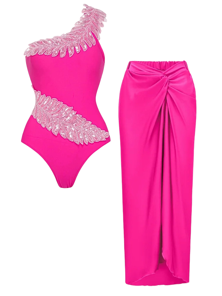 Beads Embroidered with Solid Color Swimsuit