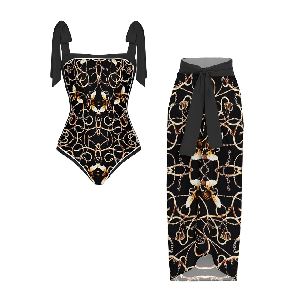 Stylish Chain-Detail One-Piece Swimsuit and Maxi Sarong Skirt