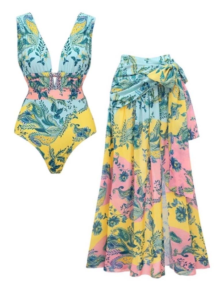 Tropical Paisley Swimsuit with Tie Wrap Cover Up Set