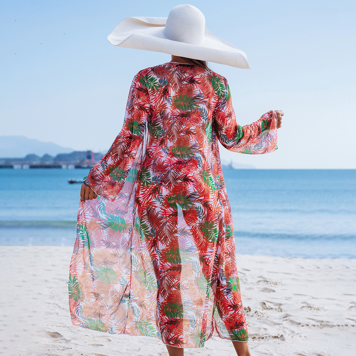 Tropical Print Three Piece Bikini Set with Side Tie Bottom and Sheer Cover-Up