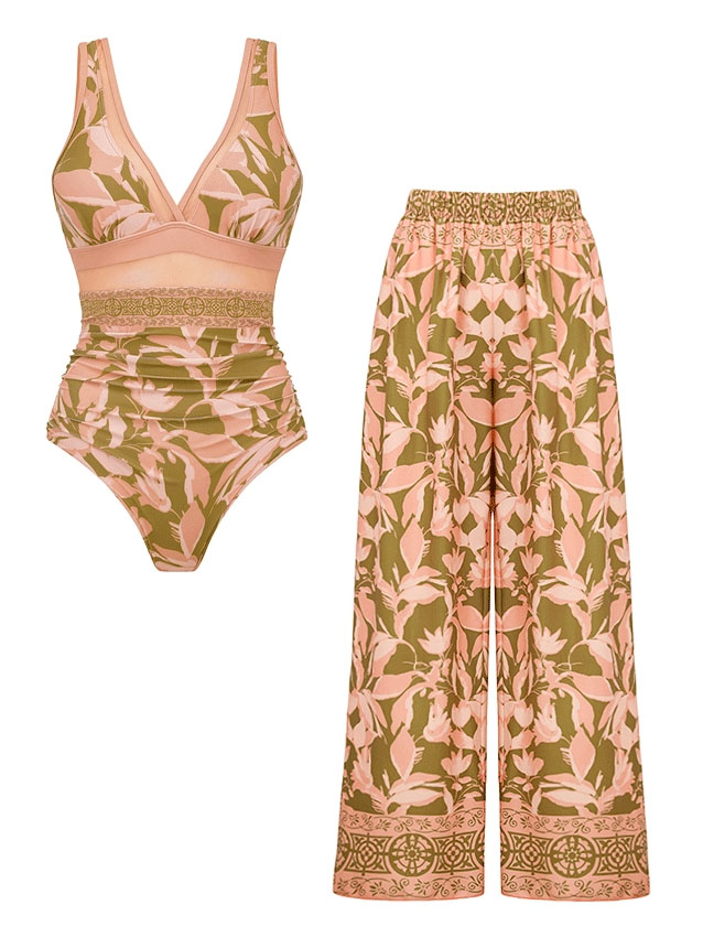 Tropical Floral One-Piece with Wide-Leg Pants and Skirt Set