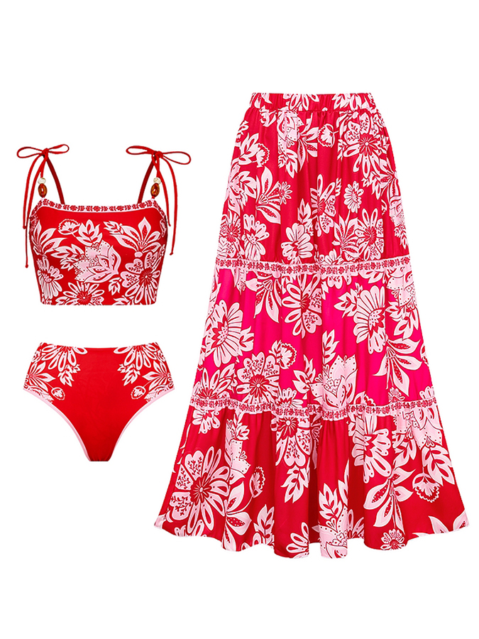 Reversible Tie-shoulder Color Block Creative Pattern Print Bikini Swimsuit and Skirt