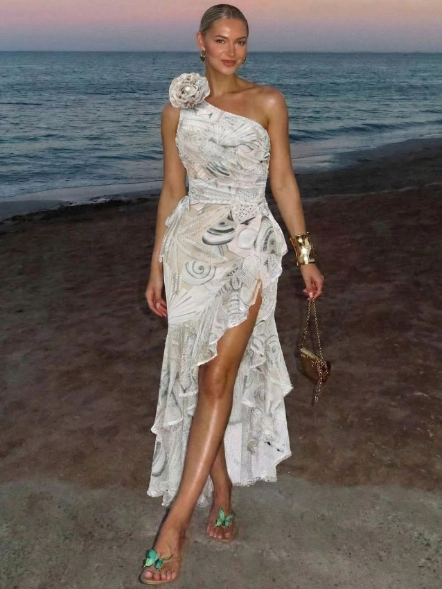 Ocean Shell One-Shoulder 3D Floral One-Piece with Matching Skirt