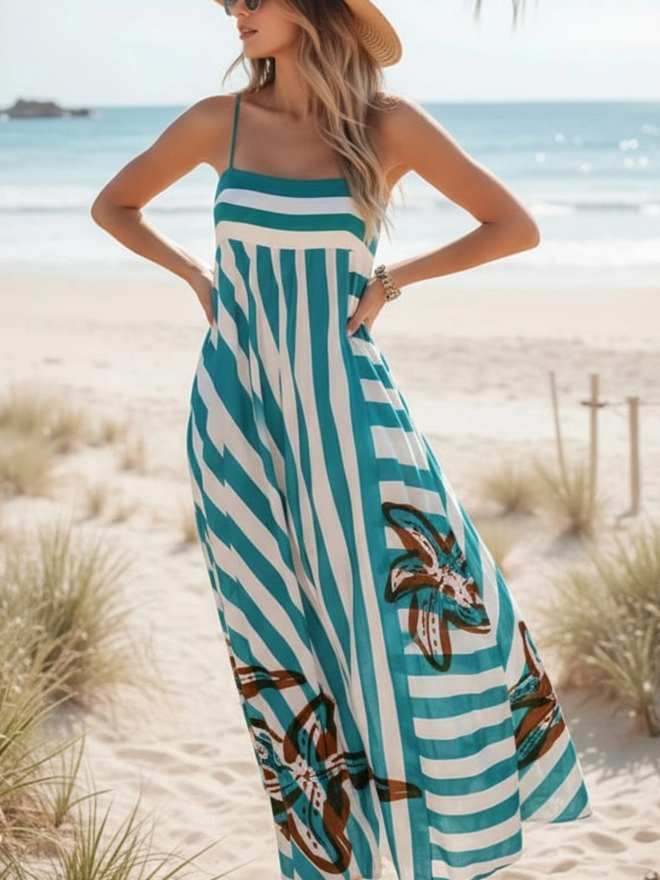 Tropical Vacation Stripe Starfish Print Spaghetti Strap Maxi Dress