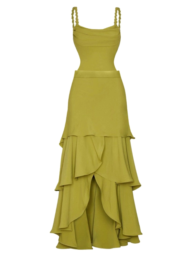 Retro Mustard Yellow Twist Strap Bandeau One Piece Swimsuit with Asymmetrical Ruffle Maxi Skirt Set