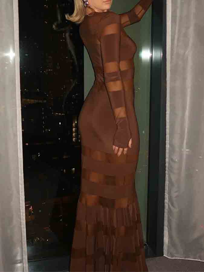 Mesh Paneled Long Sleeves Slim Maxi Evening Dress