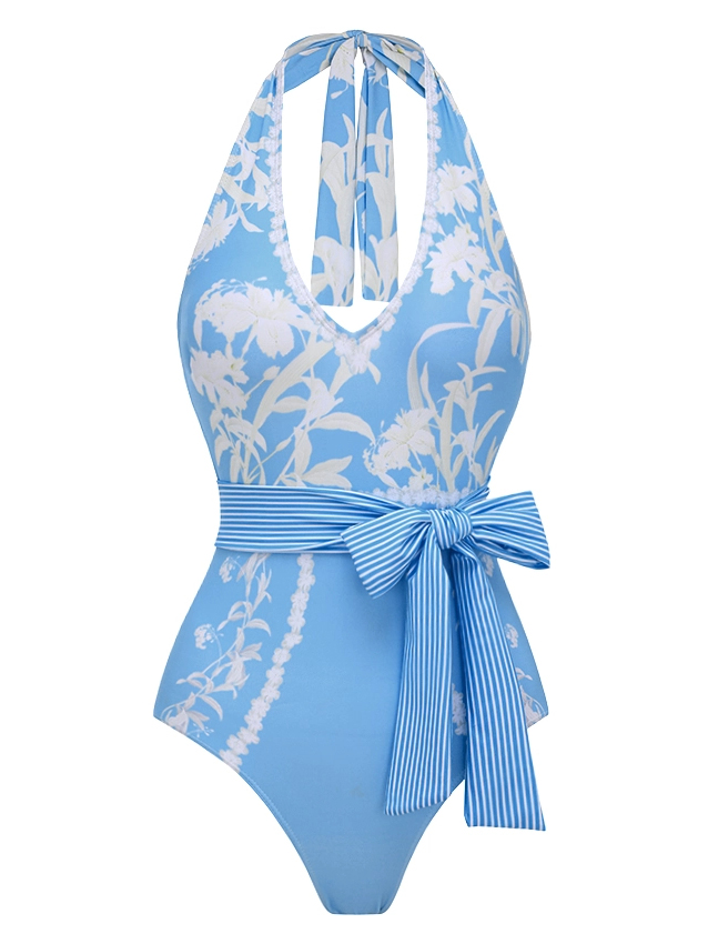 French Vacation Blue Floral Print Halter One-Piece with Tie Sarong