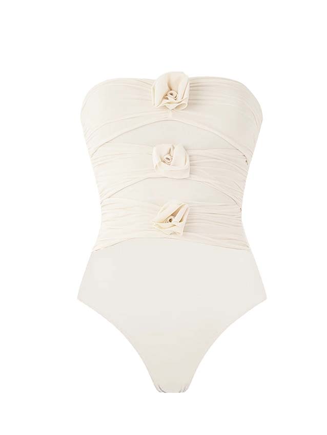 White 3D Flowers Swimsuit Set