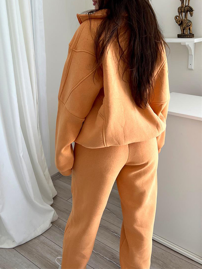 Plush Standing Collar Long Sleeved Sweatshirt and Pants Casual Suit