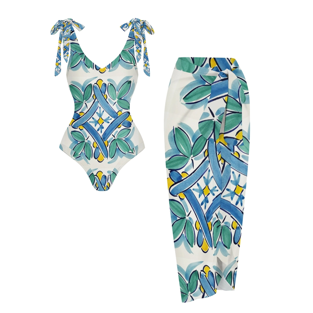 Women’s Tropical Leaf Print One Piece Swimsuit with Matching Wrap Skirt Set
