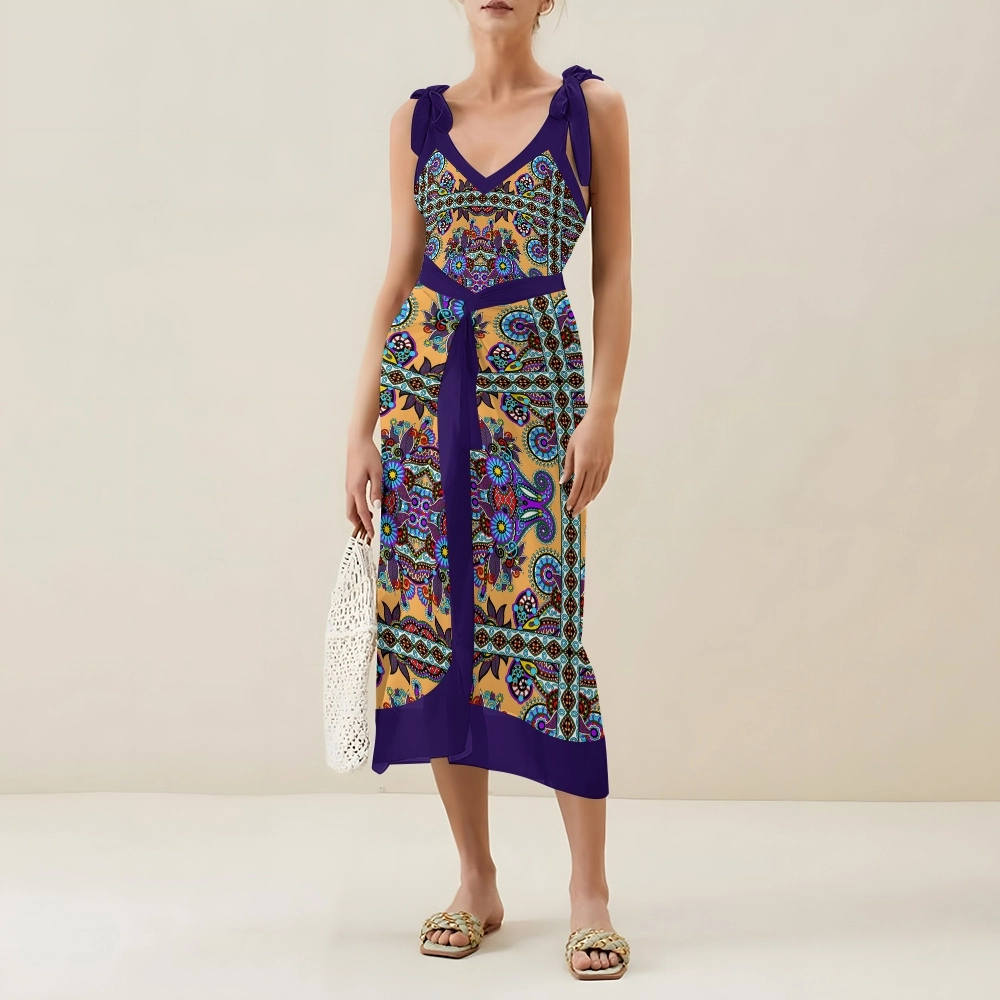 Bohemian One-Piece Swimsuit Set Shoulder Tie Bathing Suit with Matching Skirt