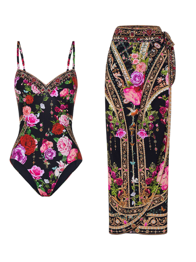 Rose Printed One Piece and Sarong Swimwwear