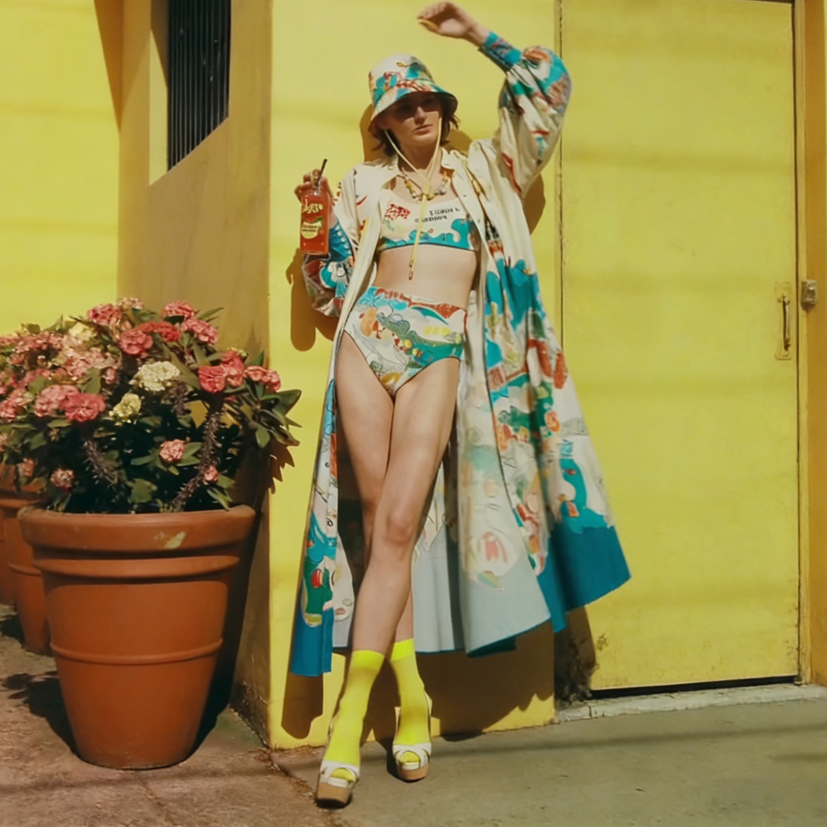 Abstract Graffiti Print Long-Sleeved High-Waisted Split Swimsuit Cover-up