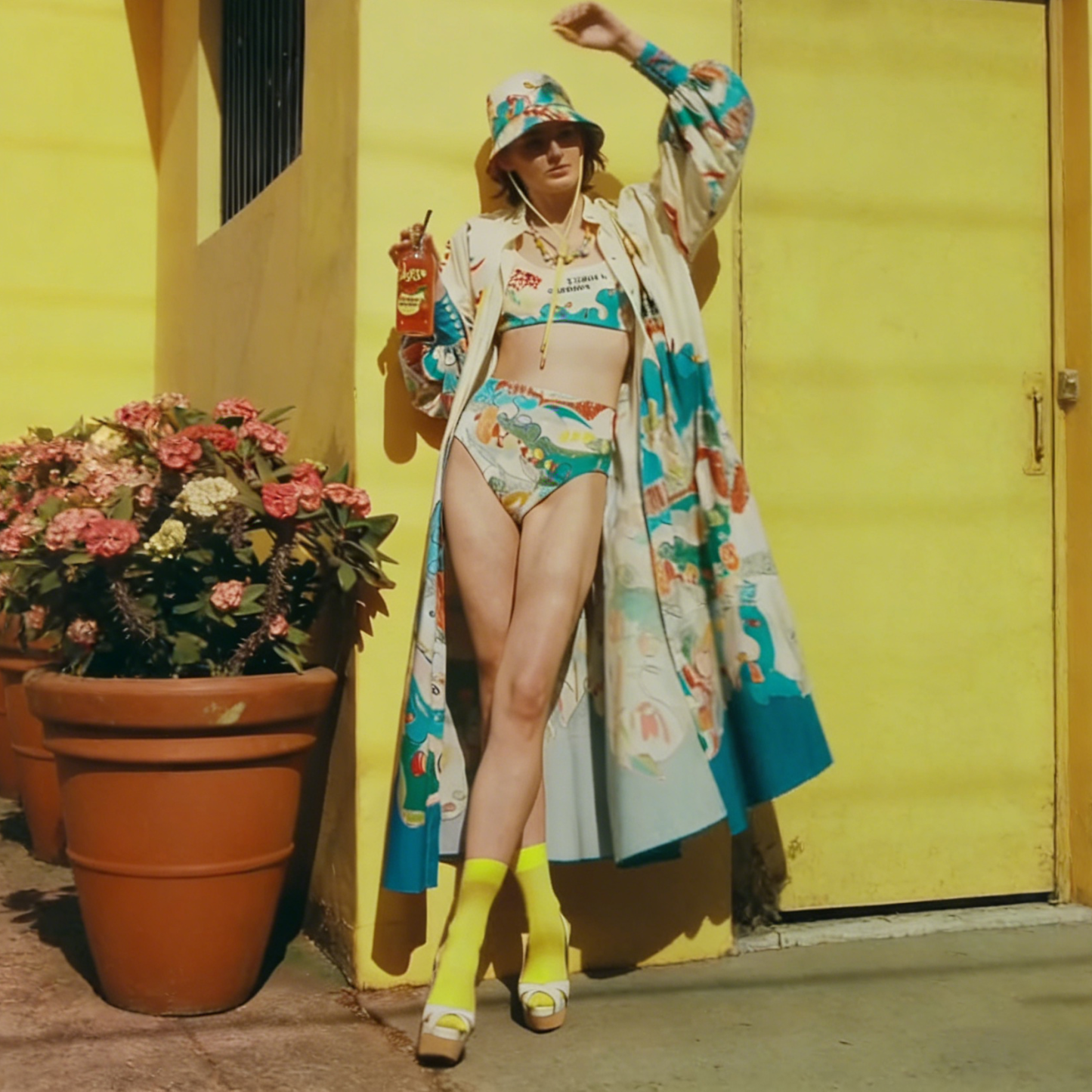 Abstract Graffiti Print Long-Sleeved High-Waisted Split Swimsuit Cover-up