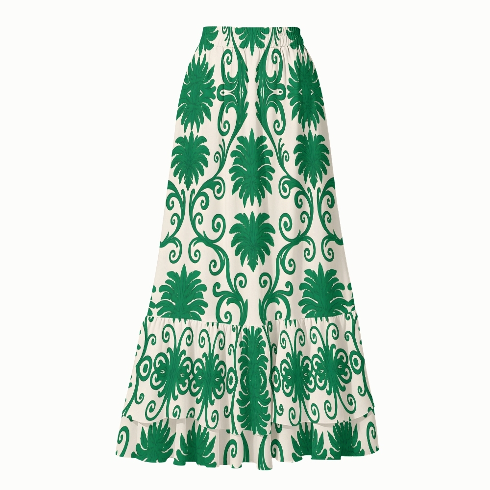 Baroque Leaf Motif Print One Piece Swimsuit with Matching Tiered Maxi Skirt