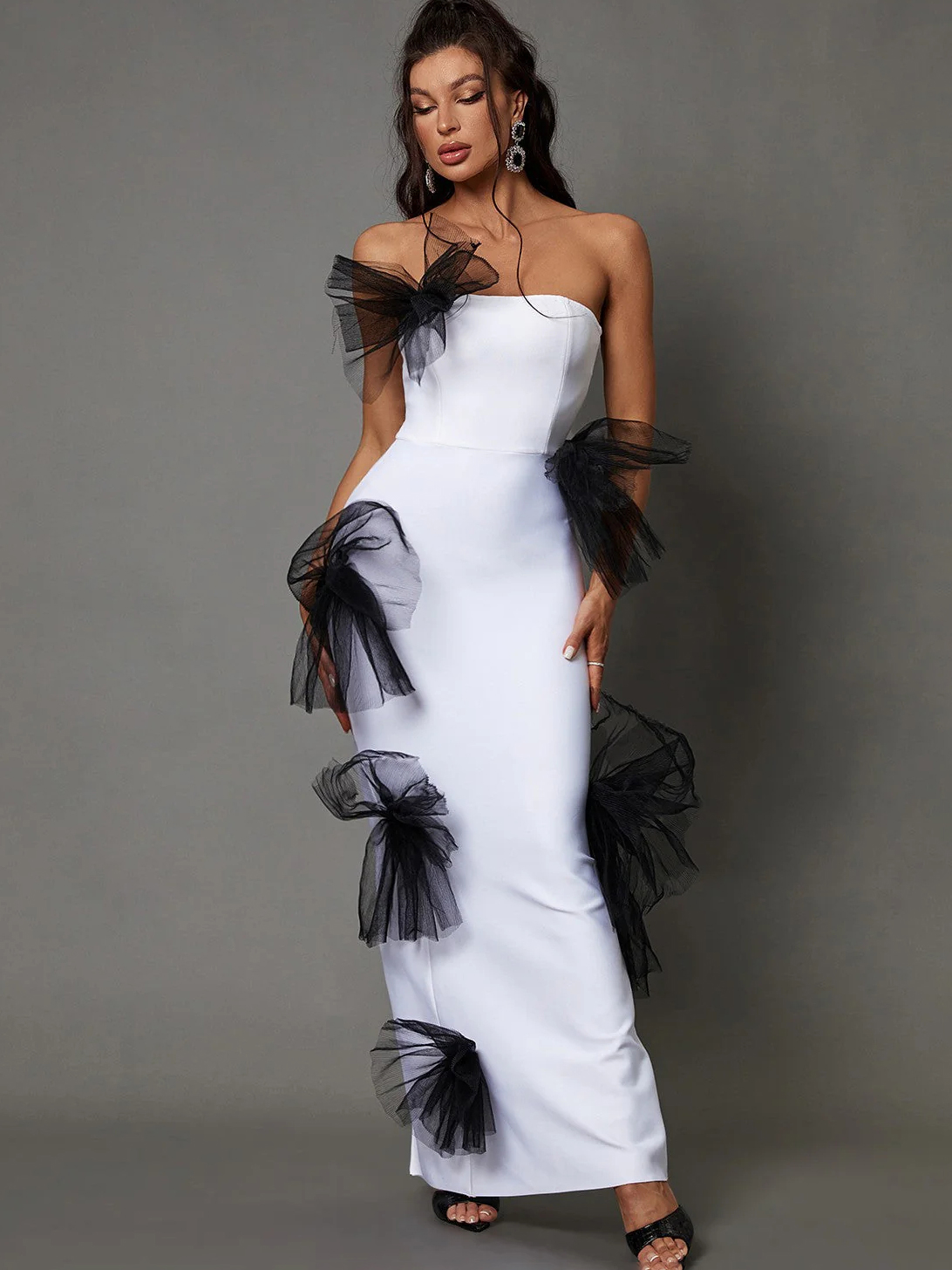 Strapless Pleated Tulle Bow Maxi Dress