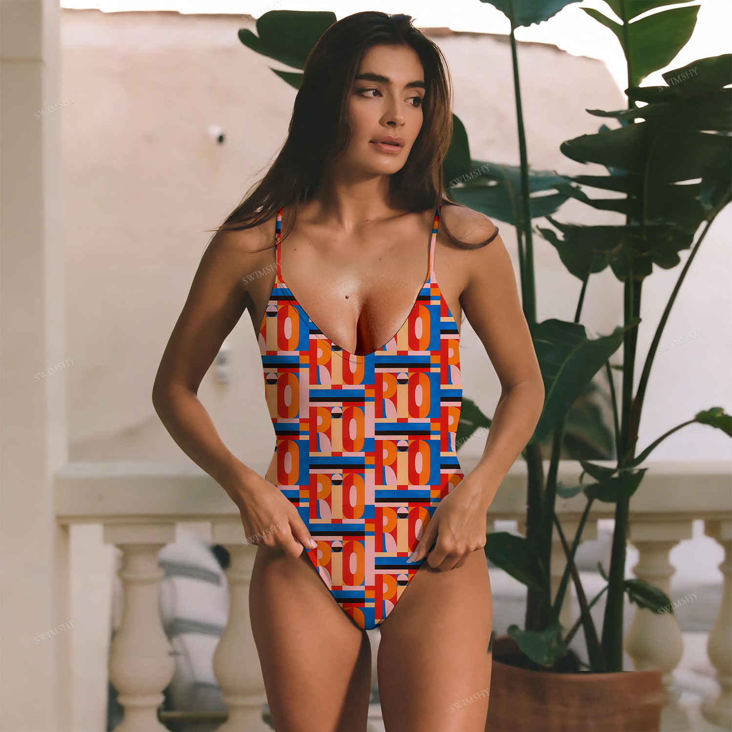 Color Block Geometric Print Plunging V-Neck One-Piece Swimsuit