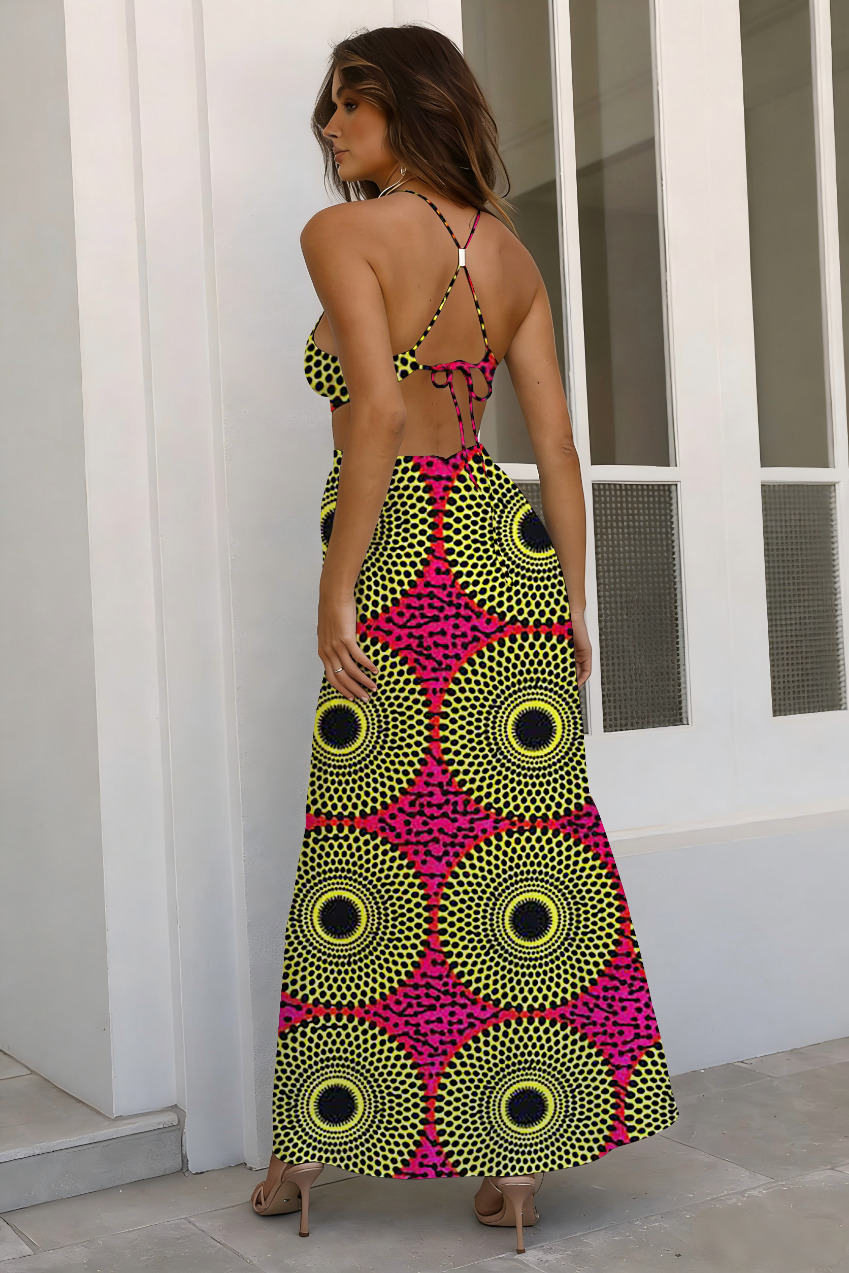 Neon Pink & Yellow Dot Geometric Cutout Maxi Dress