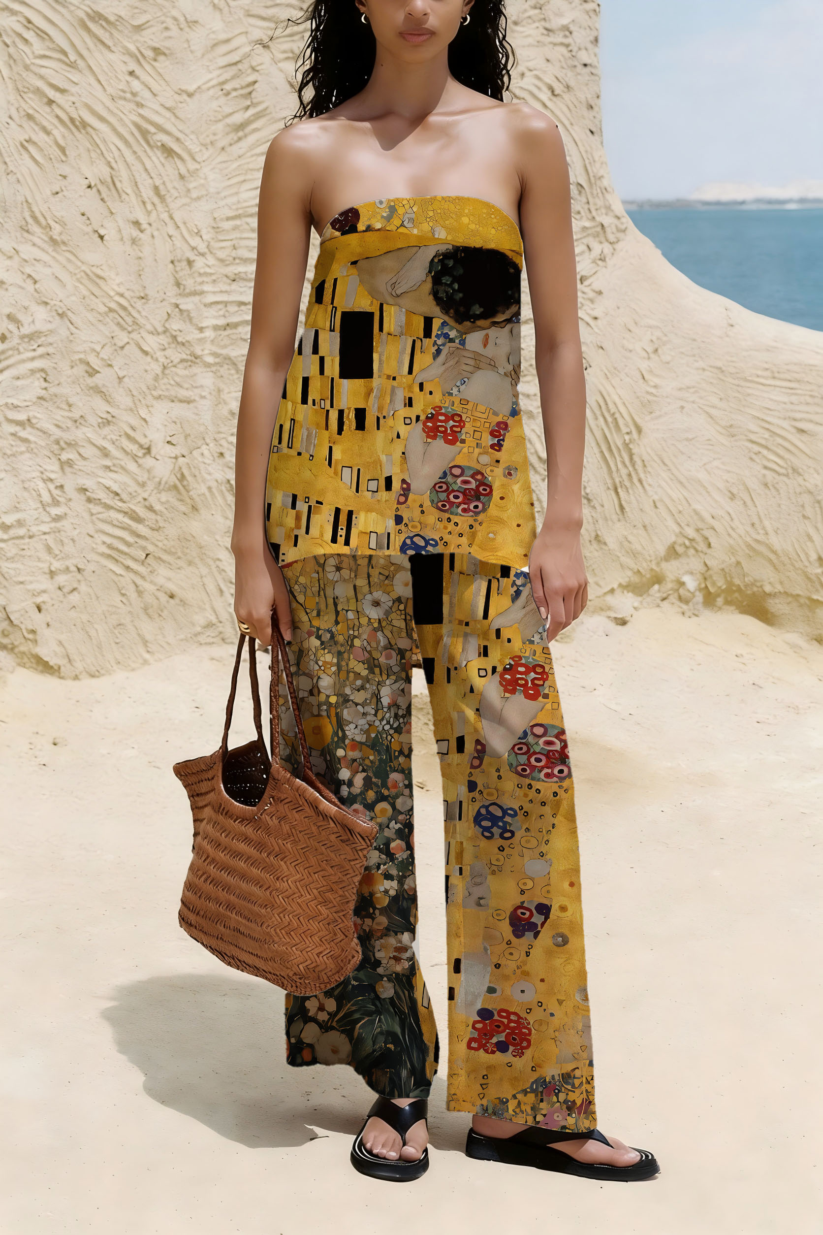 Klimt The Kiss Art Print Strapless Wide Leg Set