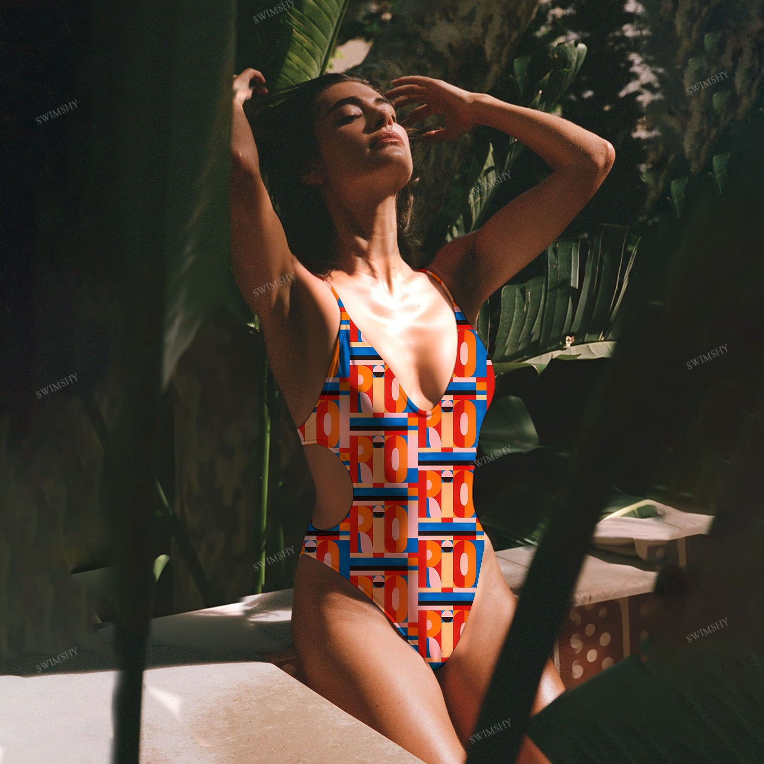 Color Block Geometric Print Plunging V-Neck One-Piece Swimsuit