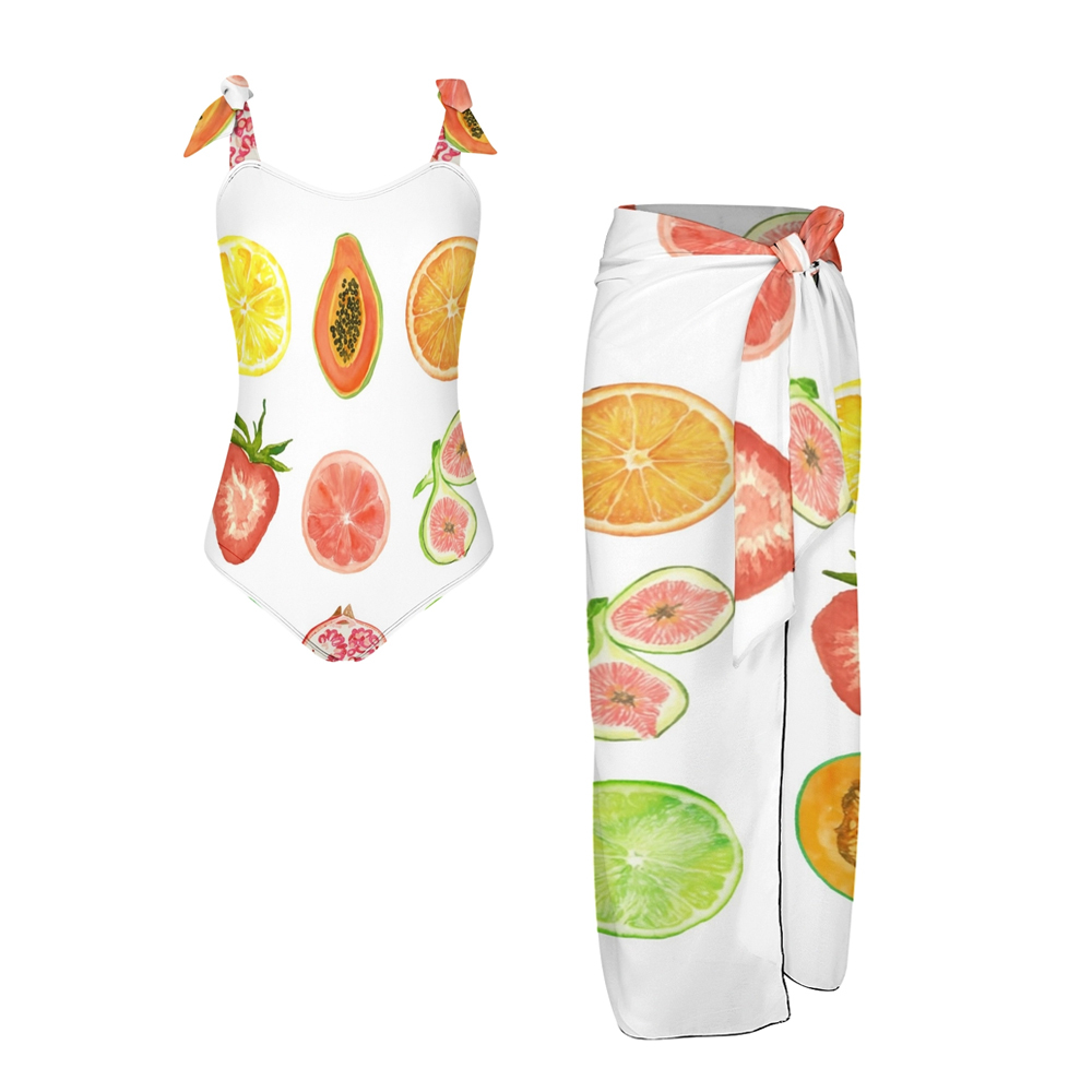 Women’s Fruit Print One Piece Swimsuit and Wrap Skirt Set for Beachwear