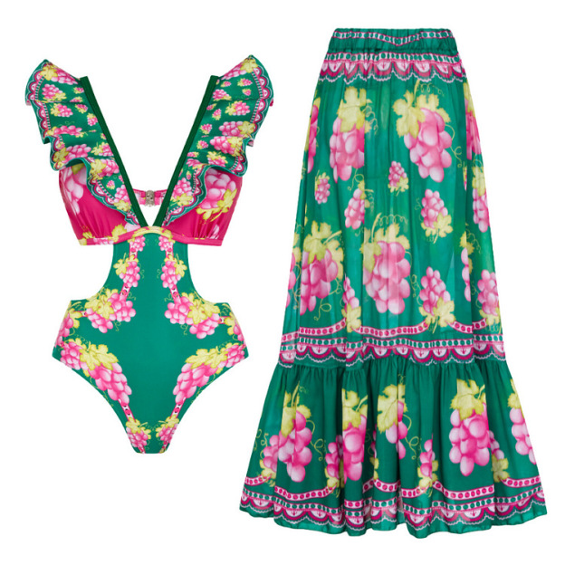 Women's Plunging V-Neck and Vintage Print One-Piece Swimsuit with Skirt