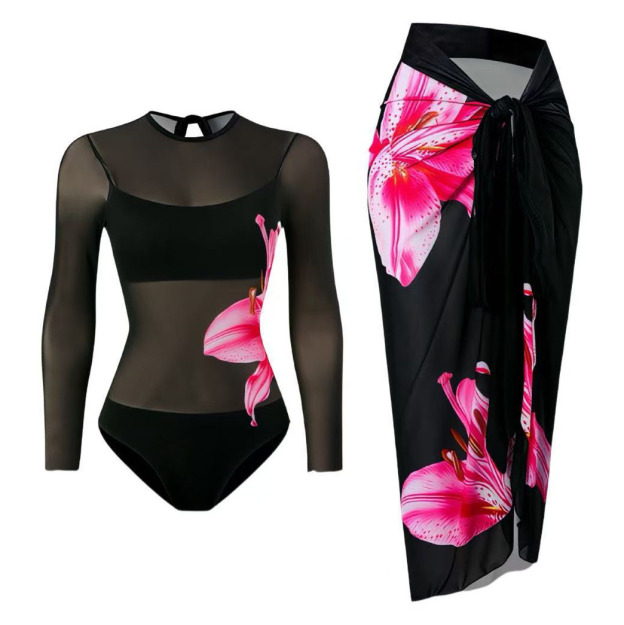 Women's Mesh Swimsuit with Floral Print One-Piece Swimsuit and Matching Maxi Skirt