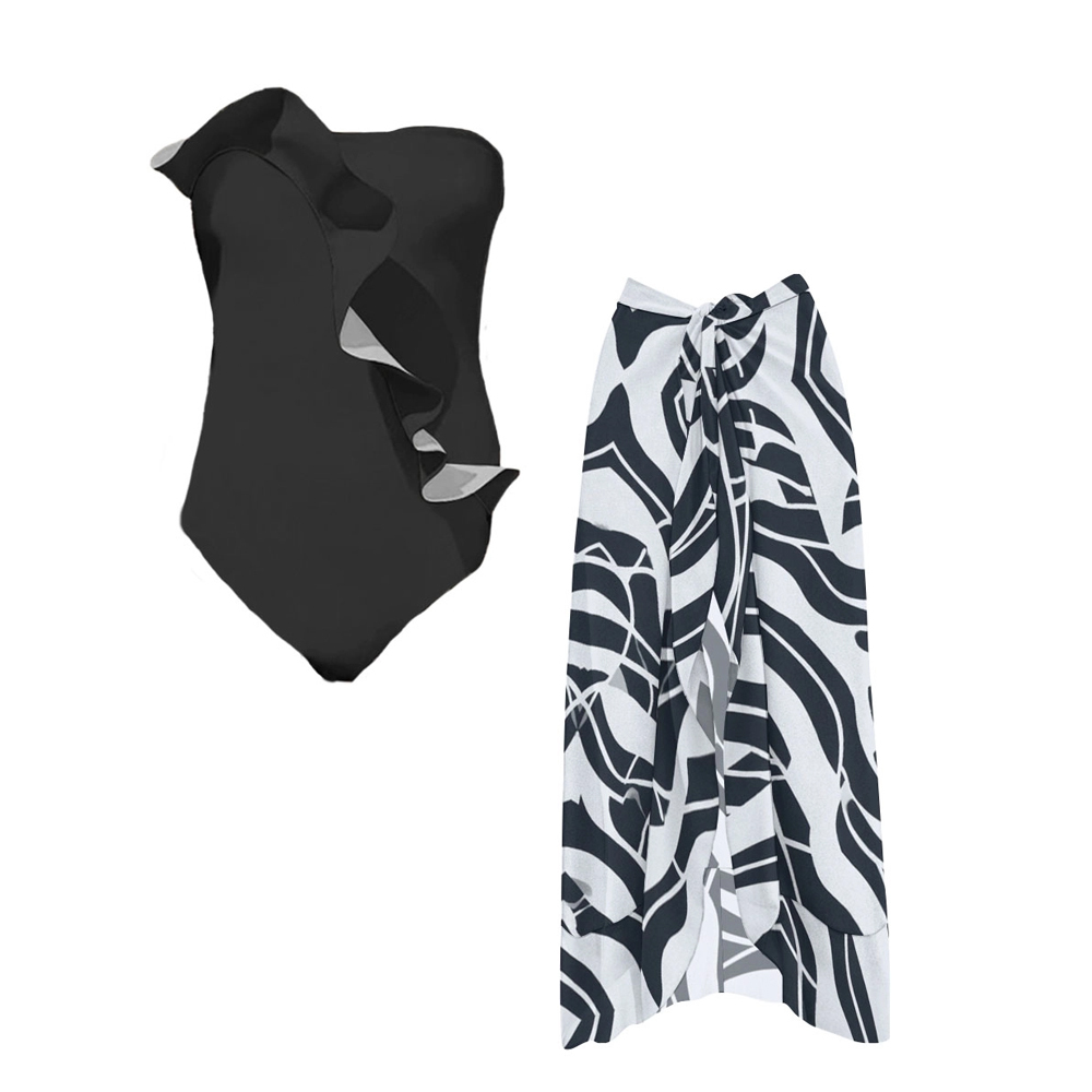 Strapless Asymmetric Ruffle One-Piece Swimsuit with Abstract Wrap Skirt