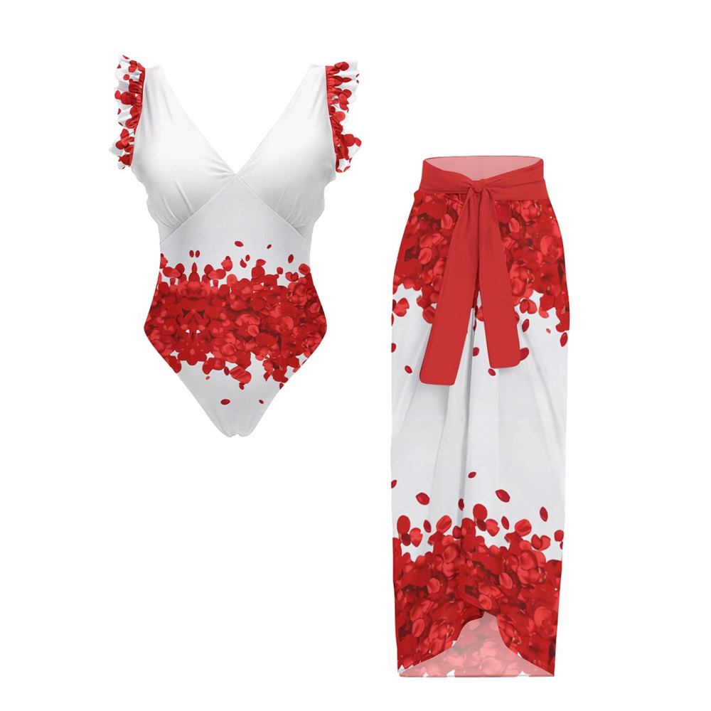 Petal Print Ruffled Shoulder One-Piece Swimsuit with Matching Sarong Skirt