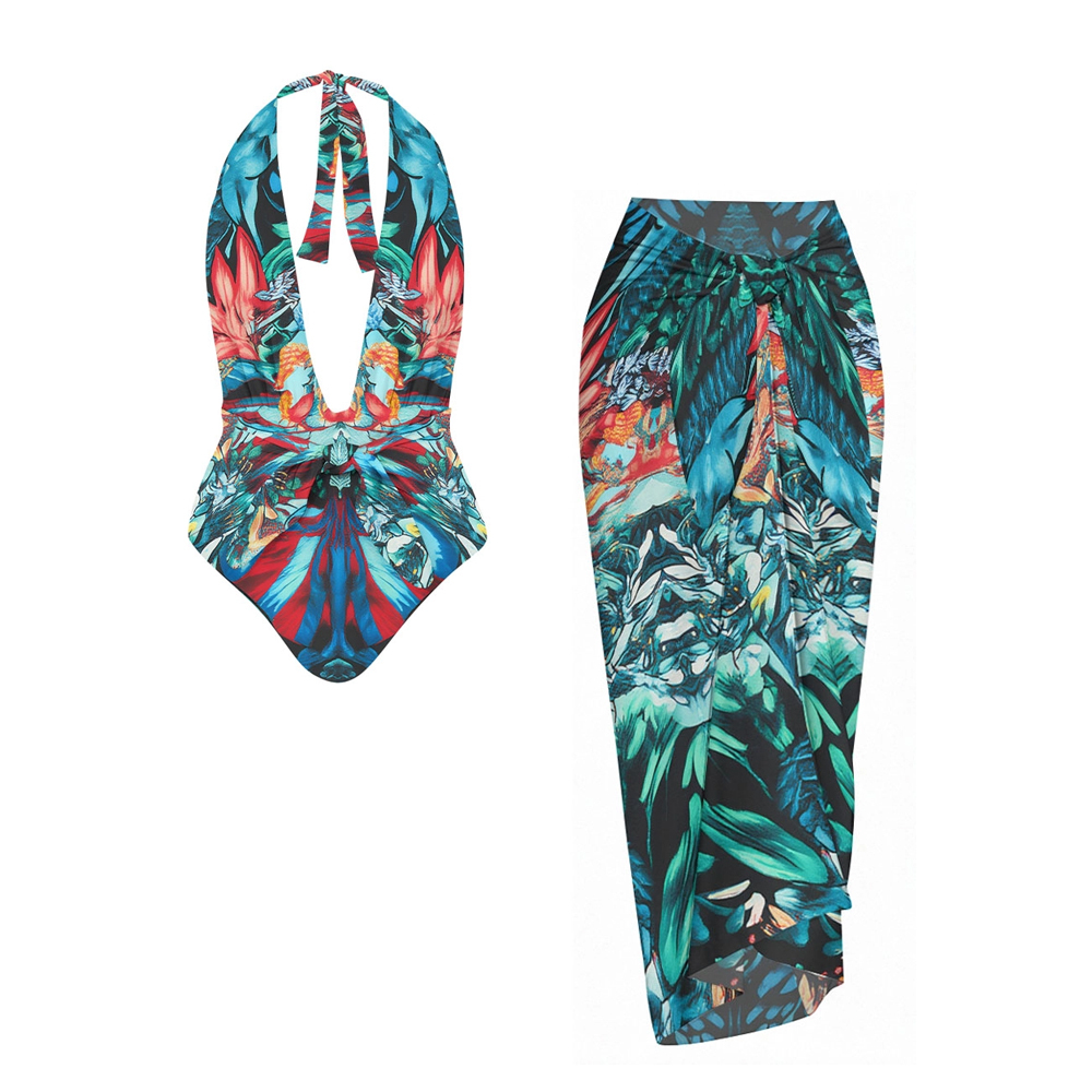 Boho Exotic Tropical Halter One-Piece Swimsuit with Sarong Skirt