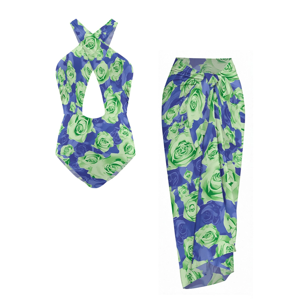 Green Rose Print Teardrop Cutout One-Piece Swimsuit with Matching Sarong Skirt