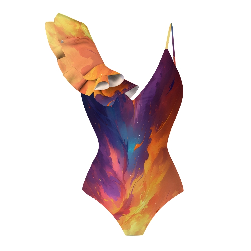 Sunset Fire Ruffle One-Shoulder One-Piece Swimsuit with Matching Maxi Skirt