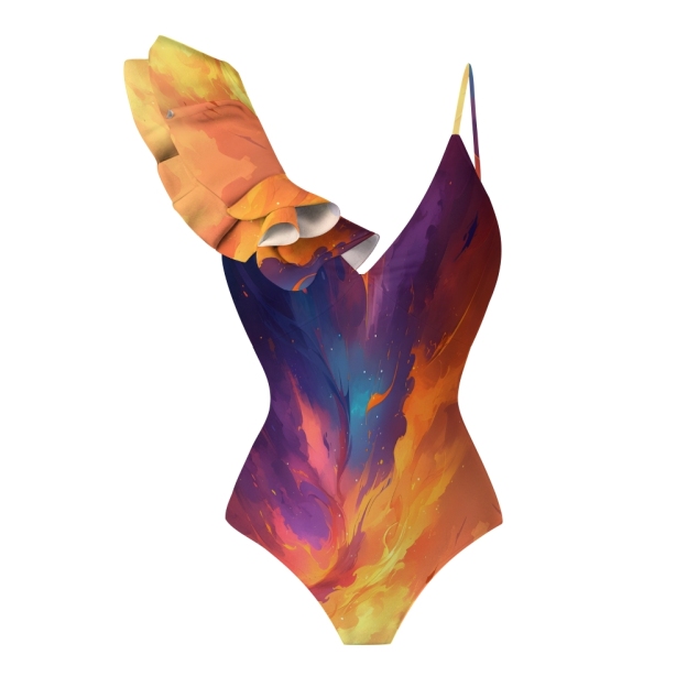 Sunset Fire Ruffle One-Shoulder One-Piece Swimsuit with Matching Maxi Skirt