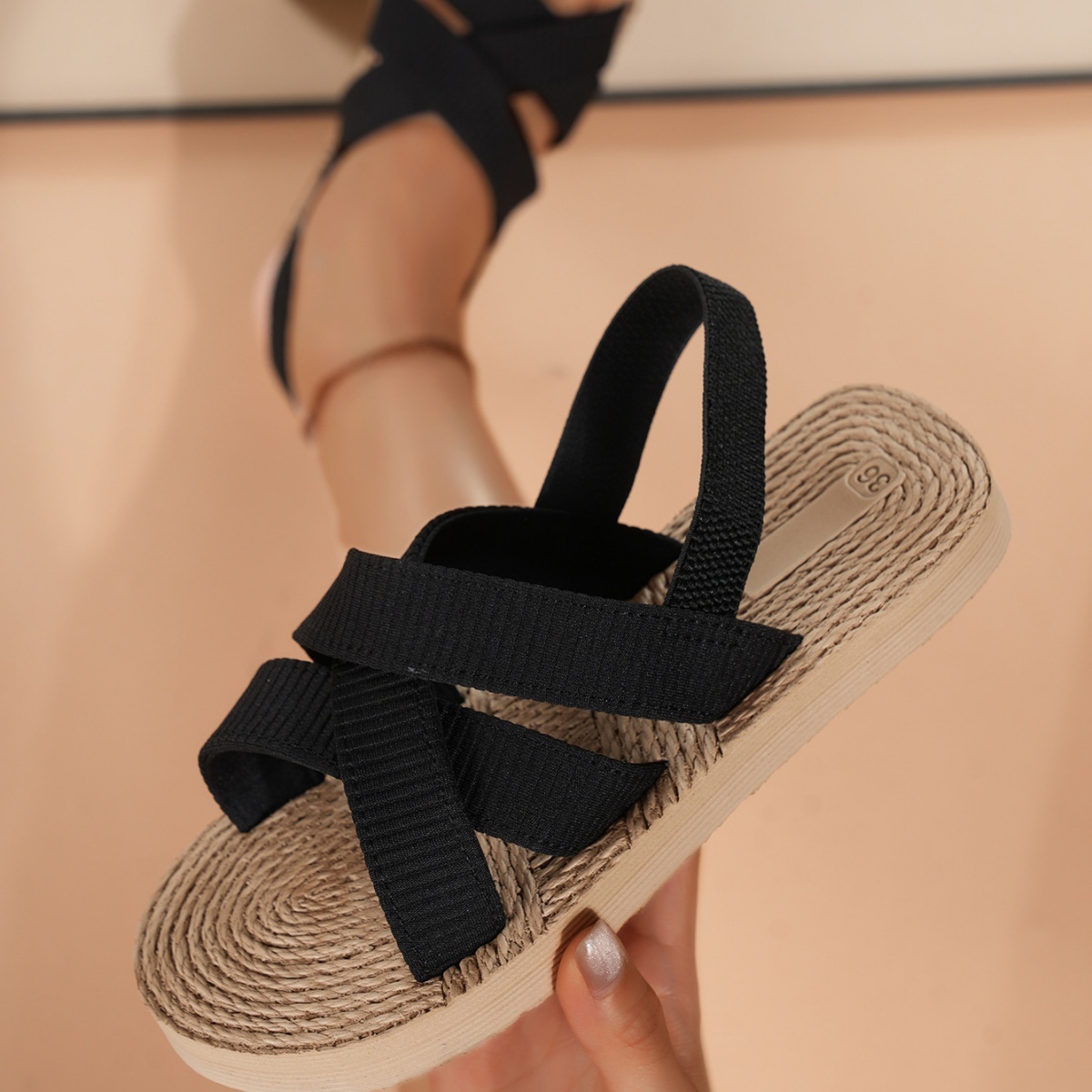 Minimalist Vacation Flats with Black Crisscross Fabric Straps for Beac