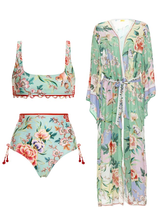 Printed Reversible Bikini and Kimono Swimwear