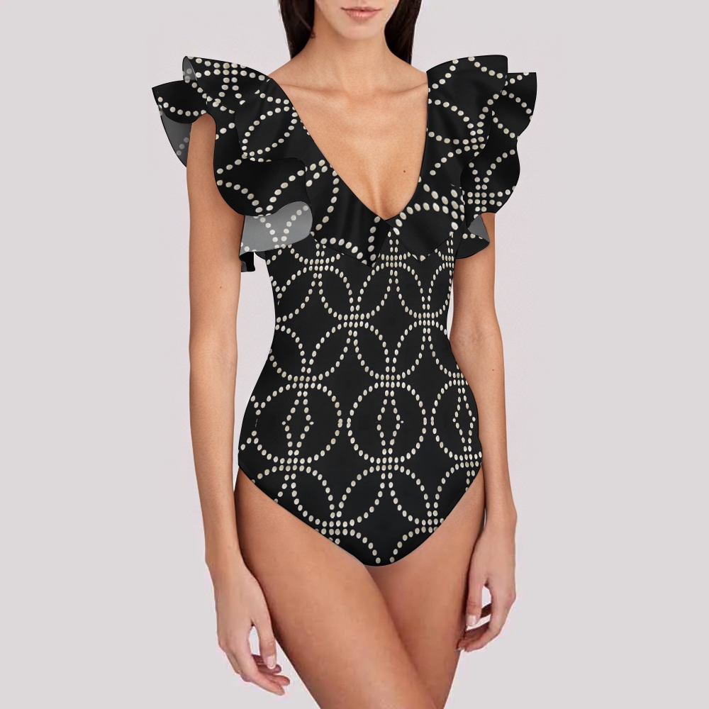 Women's Black Ruffle Trim Cut-Out Floral Print One-Piece Swimsuit and Midi Skirt Set