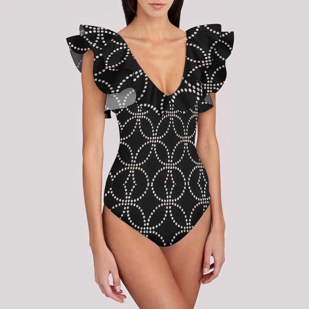 Women's Black Ruffle Trim Cut-Out Floral Print One-Piece Swimsuit and Midi Skirt Set