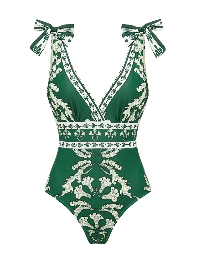 V Neck Lace Up Printed Swimsuit and Skirt