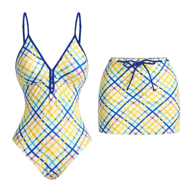 Women's Plaid Print One-Piece Swimsuit and Matching Skirt
