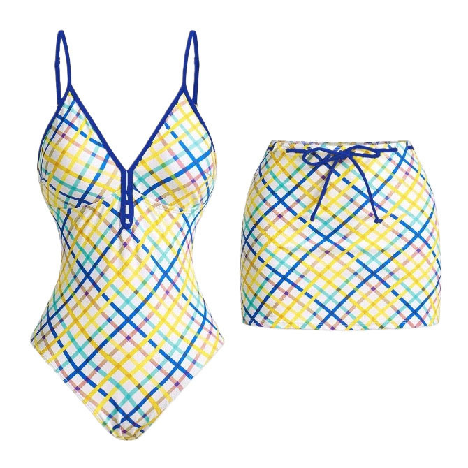 Women's Plaid Print One-Piece Swimsuit and Matching Skirt