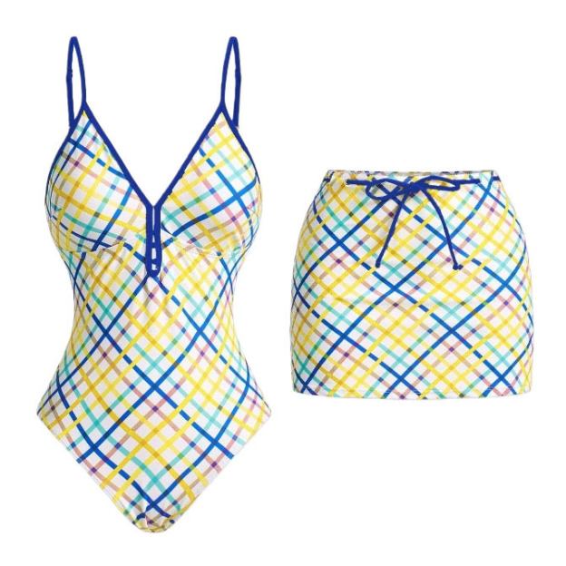 Women's Plaid Print One-Piece Swimsuit and Matching Skirt