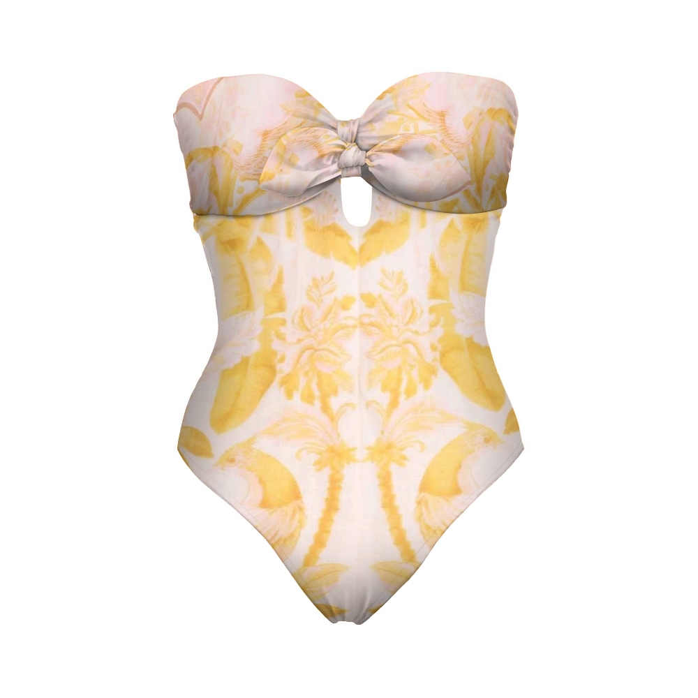 Vintage Floral Strapless Keyhole Detail One-Piece Swimsuit with Matching Sarong Skirt