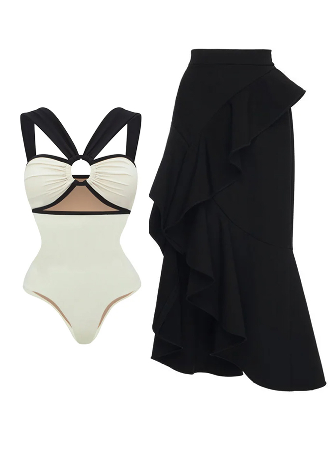 Color Block One-Piece Swimsuit And Beach Kaftan Dress