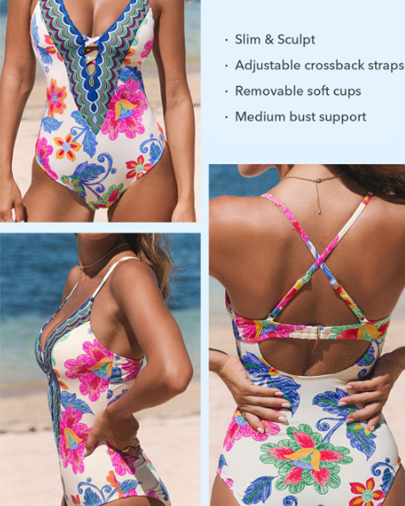 Bohemian Floral Deep V Neck Tummy Control One Piece Swimsuit